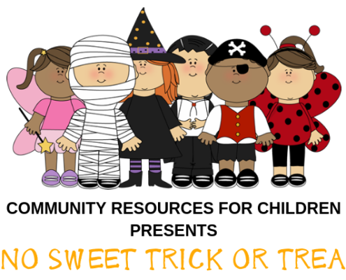 The image shows a group of children participating in a Halloween event organized by Community Resources for Children, where they are receiving non-edible treats instead of candy. Full Text: EX (:( ) (:( ) de COMMUNITY RESOURCES FOR CHILDREN PRESENTS NO SWEET TRICK OR TREAT