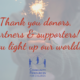 This image is showing appreciation for the donors, partners, and supporters of Community Resources for Children, who are thanked for lighting up their world. Full Text: Thank you donors, partners & supporters! you light up our world! COMMUNITY RESOURCES FOR CHILDREN