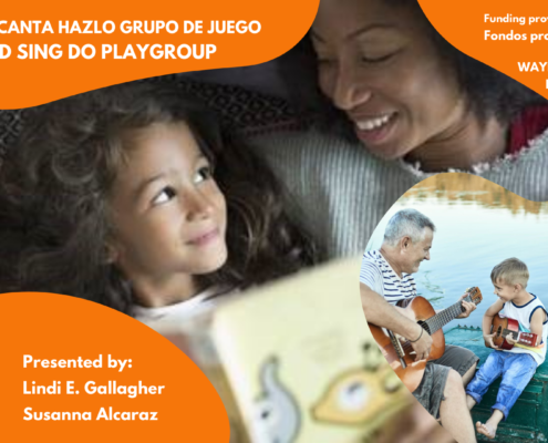 This image is presenting a playgroup funded by the Wayne Grey Wilson Foundation, presented by Community Resources for Children and led by Lindi E. Gallagher and Susanna Alcaraz. Full Text: HABLA LEE CANTA HAZLO GRUPO DE JUEGO Funding provided by: TALK READ SING DO PLAYGROUP Fondos proporcionados por: WAYNE GREY WILSON FOUNDATION Presented by: COMMUNITY Lindi E. Gallagher RESOURCES FOR CHILDREN Susanna Alcaraz