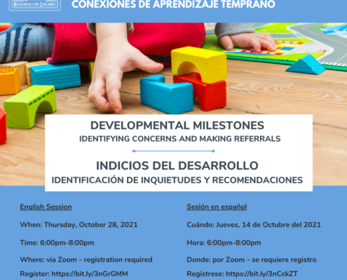 This image is providing information about an online event that is focused on strengthening California's home-based child care, identifying developmental milestones, and making referrals. Full Text: EARLY LEARNING CONNECTIONS Care. Connect. Grow. Strengthening California's Home-Based Child Care CCIPPET COMMUNITY RESOURCES FOR CHILDREN CONEXIONES DE APRENDIZAJE TEMPRANO ------ DEVELOPMENTAL MILESTONES IDENTIFYING CONCERNS AND MAKING REFERRALS INDICIOS DEL DESARROLLO IDENTIFICACIÓN DE INQUIETUDES Y RECOMENDACIONES English Session Sesión en español When: Thursday, October 28, 2021 Cuándo: Jueves, 14 de Octubre del 2021 Time: 6:00pm-8:00pm Hora: 6:00pm-8:00pm Where: via Zoom - registration required Donde: por Zoom - se requiere registro Register: https://bit.ly/3nGrGMM Registrese: https://bit.ly/3nCckZT PRESENTED BY/ ANGELIA OCHOA, SANDRA GONZALES-PABON PRESENTADO POR: & EMILY PARKER FROM NAPA COUNTY OFFICE OF EDUCATION ncoe EARLY CHILDHOOD SERVICES