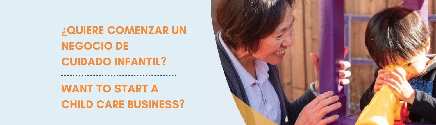 A person is smiling at the camera while a screenshot of text reads "¿Quiere comenzar un negocio de cuidado infantil?" ("Want to start a child care business?").