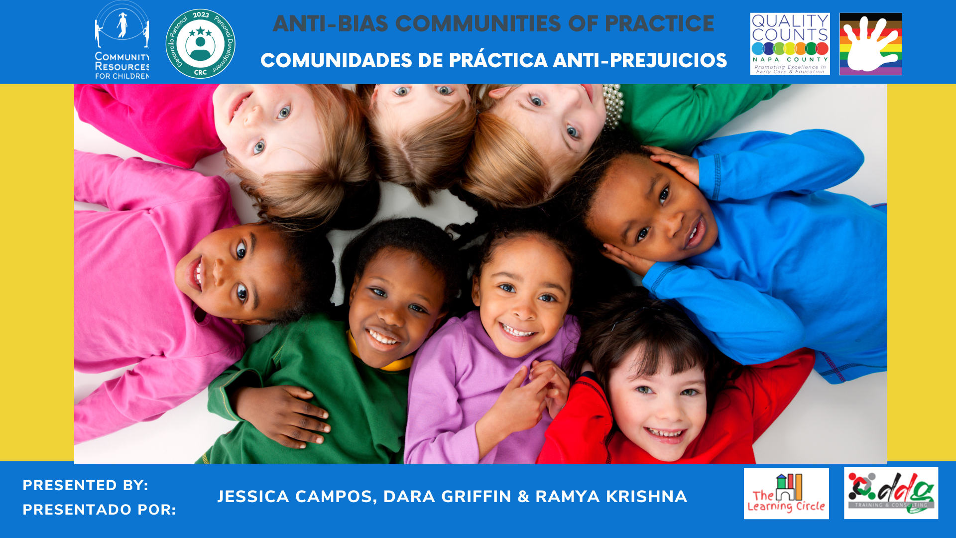 This image is presenting a community of practice that is focused on promoting personal development for children through quality care and education, presented by Jessica Campos, Dara Griffin, and Ramya Krishna. Full Text: 20,23 Personal ANTI-BIAS COMMUNITIES OF PRACTICE QUALITY COUNTS COMMUNITY COMUNIDADES DE PRÁCTICA ANTI-PREJUICIOS NAPA UNTY RESOURCES Promotin Desarrollo Persona! FOR CHILDREN CRC Farle Care & Education PRESENTED BY: odda Then PRESENTADO POR: JESSICA CAMPOS, DARA GRIFFIN & RAMYA KRISHNA Learning Circle