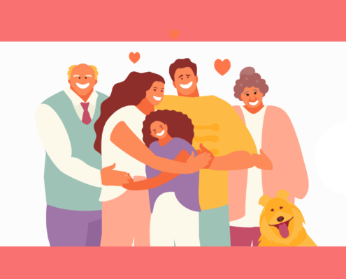 A hugging family drawn in an abstract style.