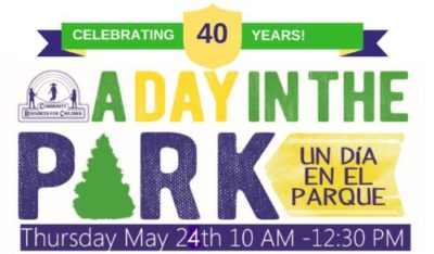 The community is celebrating 40 years by hosting a day in the park with resources for children. Full Text: CELEBRATING 40 YEARS! A DAY IN THE COMMUNITY RESOURCES FOR CHILDREN P RK UN DÍA EN EL PARQUE Thursday May 24th 10 -12:30 PM