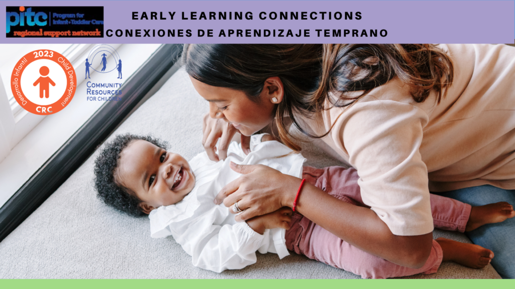 The image is showing a regional support network for early learning connections in 2023, providing community resources for children. Full Text: pitc EARLY LEARNING CONNECTIONS regional support network CONEXIONES DE APRENDIZAJE TEMPRANO 2023 Child D Child Development COMMUNITY RESOURCES FOR CHILDREN Desarrollo Infantil CRC nt