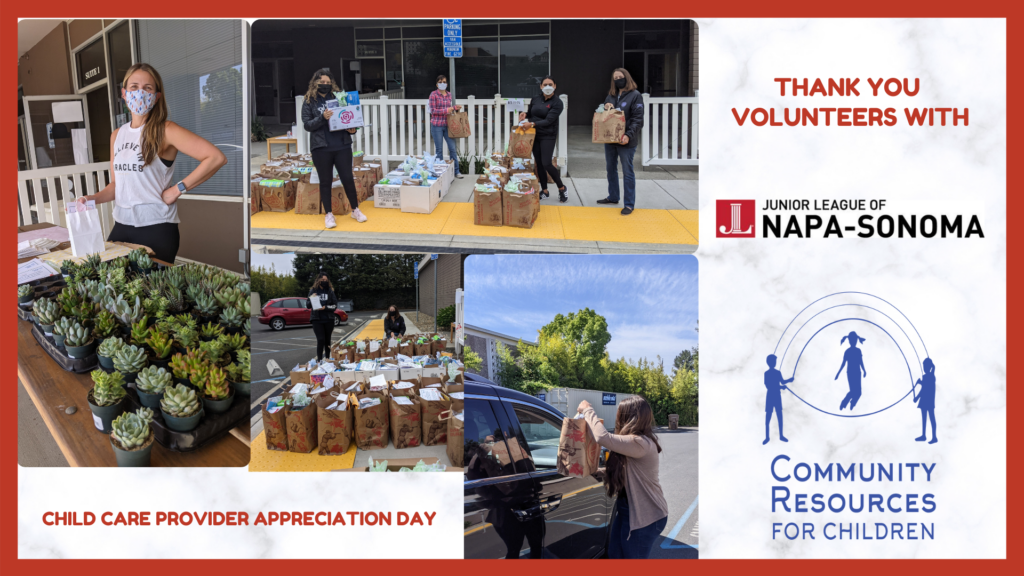 The Hacles Junior League of Napa-Sonoma Community Resources is thanking volunteers for their appreciation day for children. Full Text: THANK YOU VOLUNTEERS WITH HACLES JUNIOR LEAGUE OF NAPA-SONOMA COMMUNITY RESOURCES CHILD CARE PROVIDER APPRECIATION DAY FOR CHILDREN