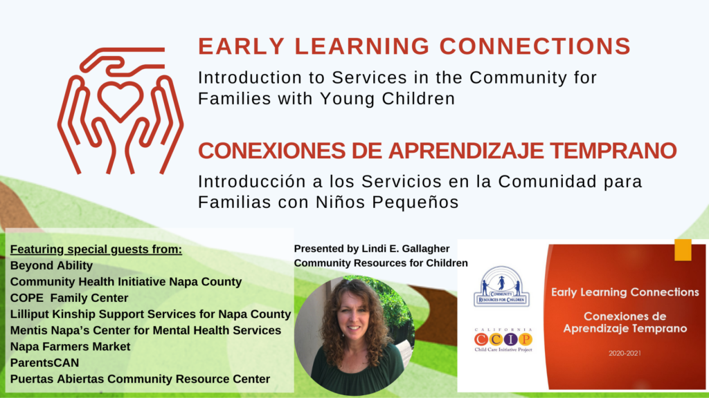 This image is introducing services in the community for families with young children, featuring special guests from various organizations. Full Text: EARLY LEARNING CONNECTIONS Introduction to Services in the Community for Families with Young Children CONEXIONES DE APRENDIZAJE TEMPRANO Introducción a los Servicios en la Comunidad para Familias Niños Pequeños Featuring special guests from: Presented by Lindi E. Gallagher Beyond Ability Community Resources for Children Community Health Initiative Napa County COPE Family Center Early Learning Connections LA COMMUNITY RESOURCES FOR CHILDREN Lilliput Kinship Support Services for Napa County Conexiones de Mentis Napa's Center for Mental Health Services CALIFORNIA Aprendizaje Temprano Napa Farmers Market C Child Care Initiative Project 2020-2021 ParentsCAN Puertas Abiertas Community Resource Center