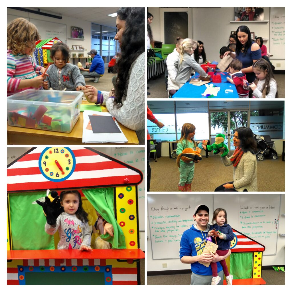A person and a person are communicating creatively with a LEGO collage puppet, stimulating their imagination and developing empathy for others.